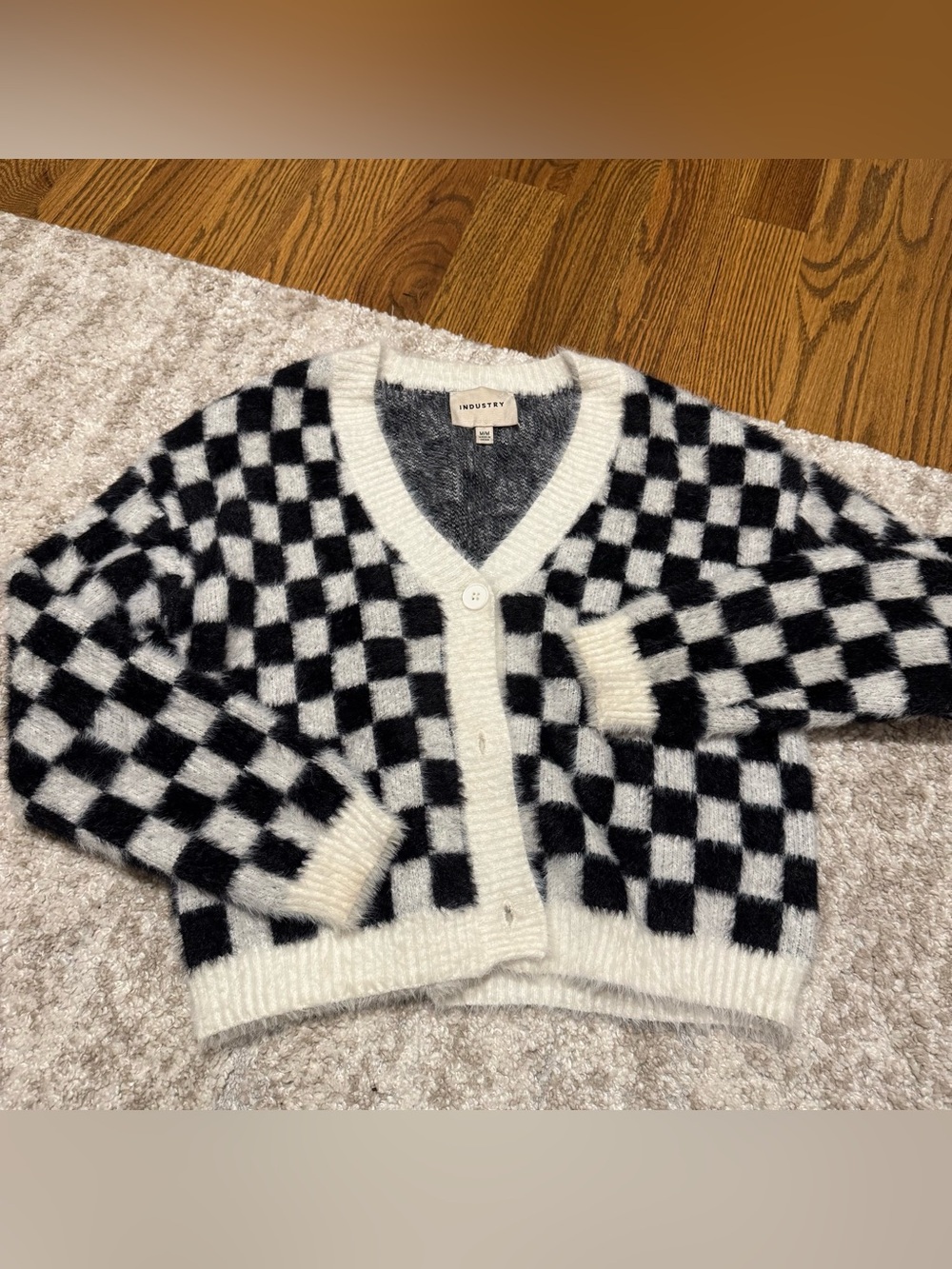 Checkerboard V-Neck Cardigan Sweater in Black & White